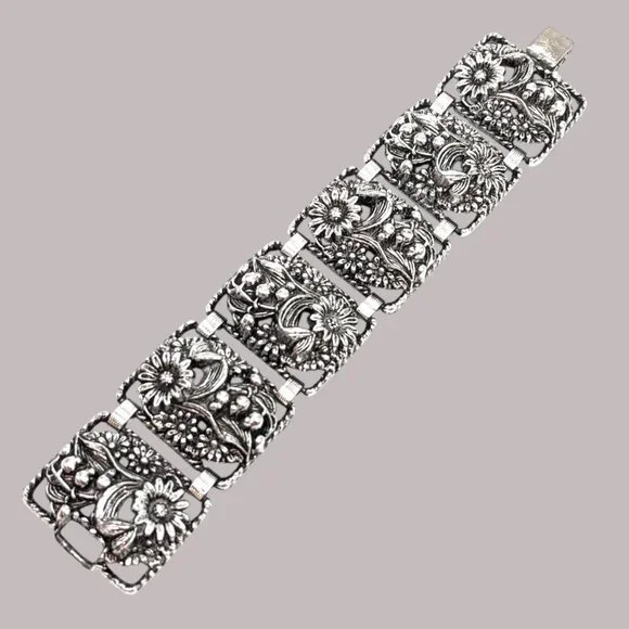 Vintage Sarah Coventry Floral SilverTone Panel Bracelet Antique Garden Sunflower - Picture 2 of 13